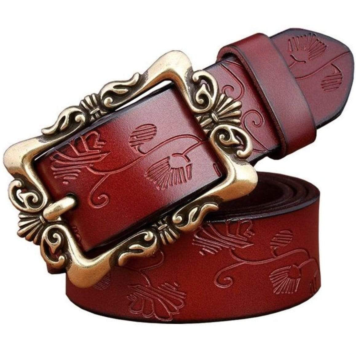 Red leather belt with embossed floral design and ornate gold buckle.