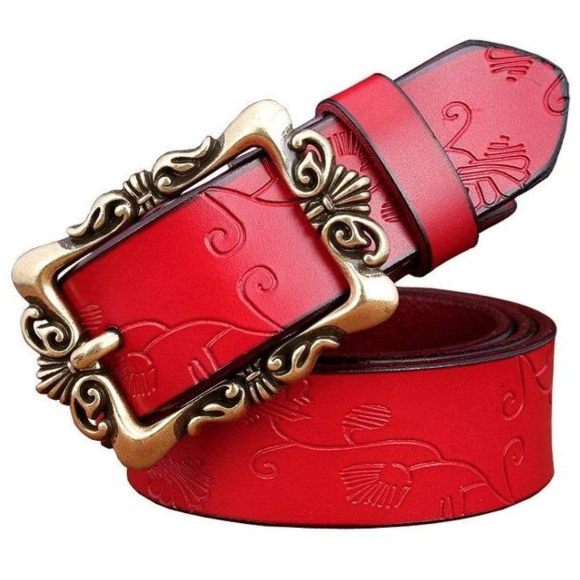 Red leather belt with gold buckle and embossed floral design.