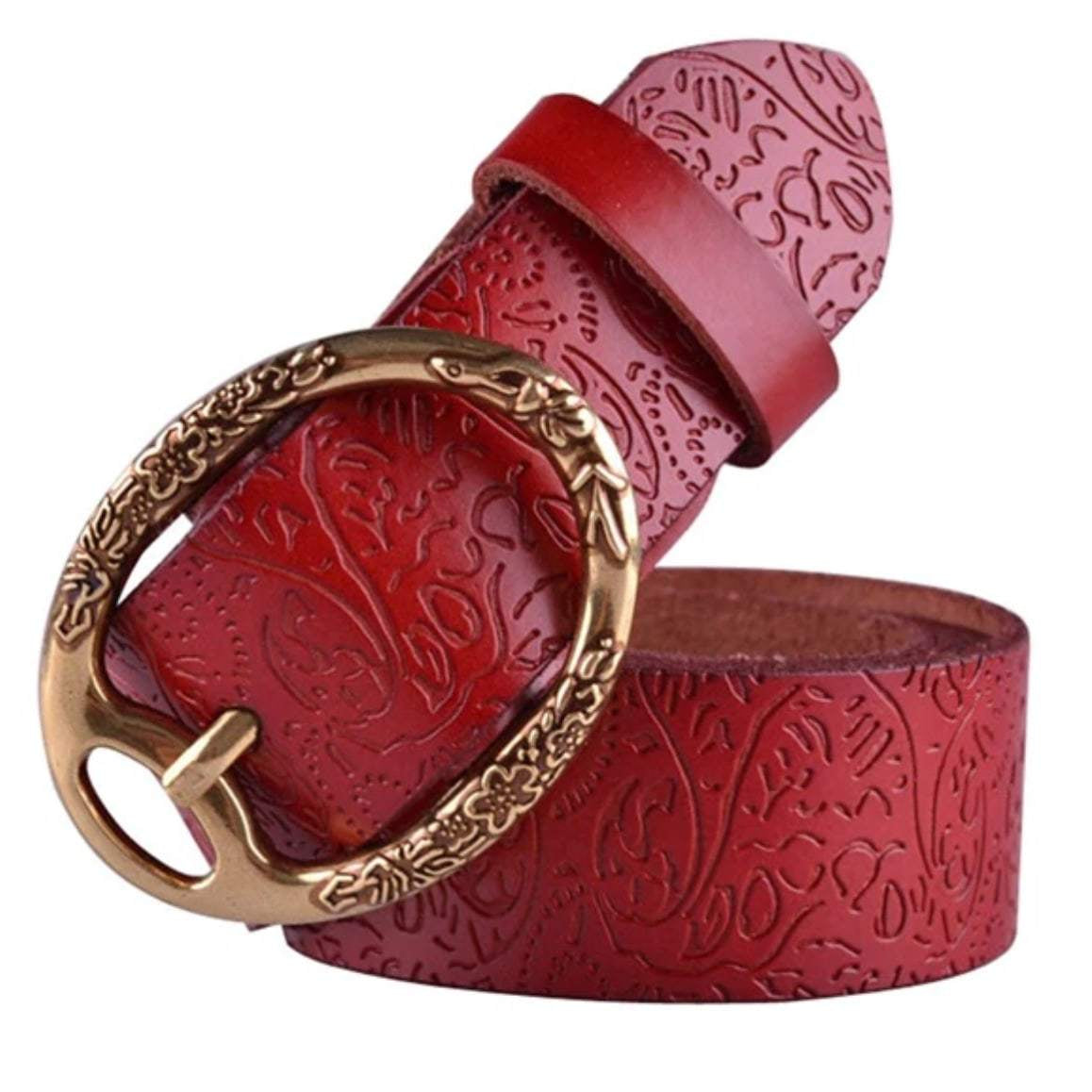 Embossed red leather belt with gold buckle.
