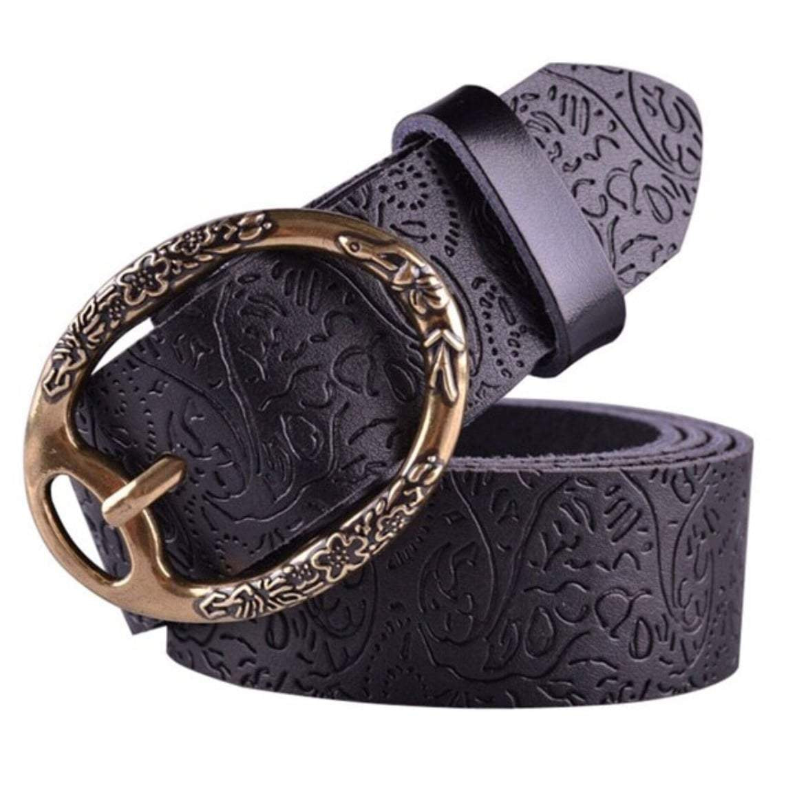 Close-up of a black leather belt with a gold, floral-patterned oval buckle.
