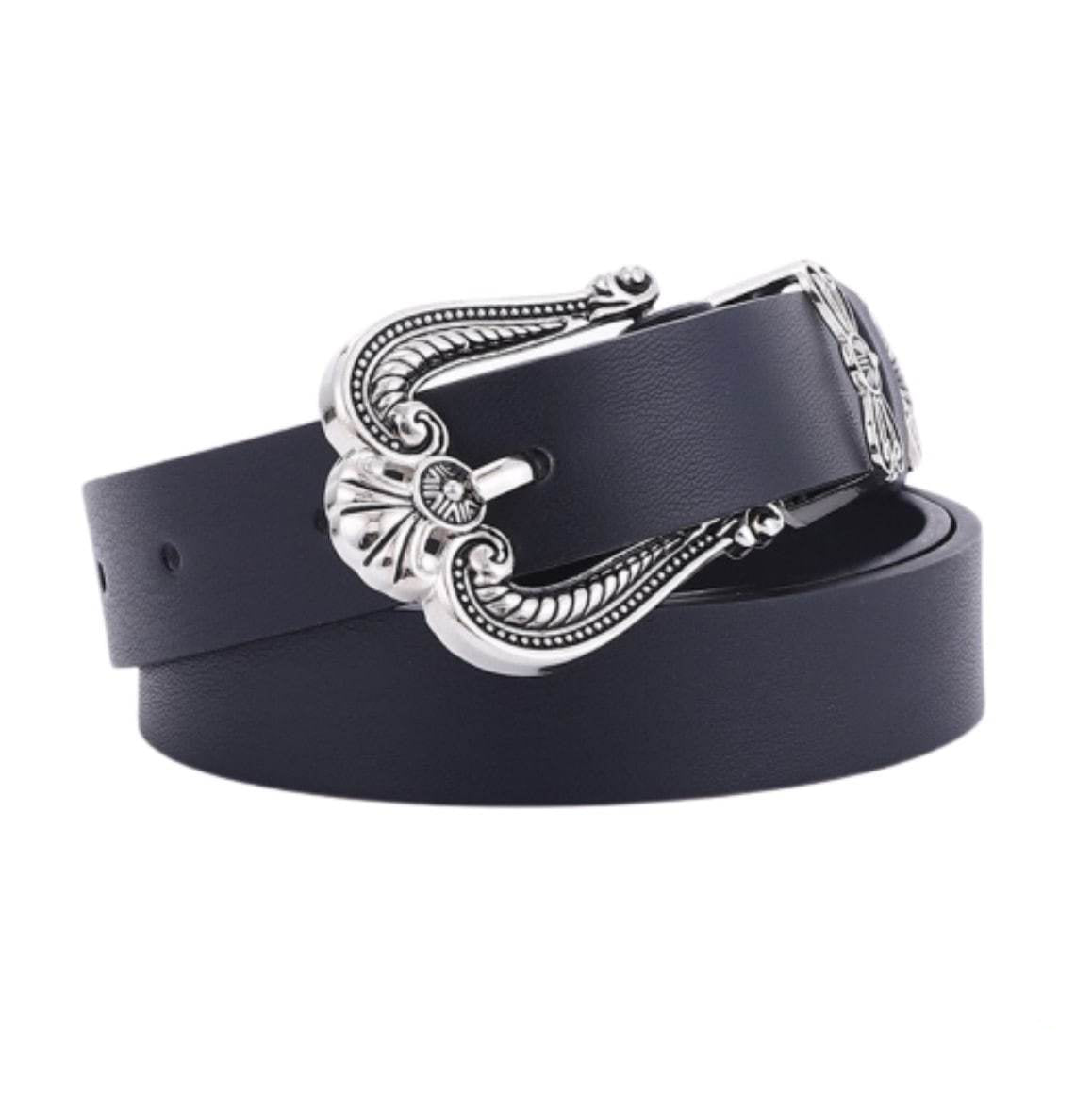 Black belt with ornate silver buckle.
