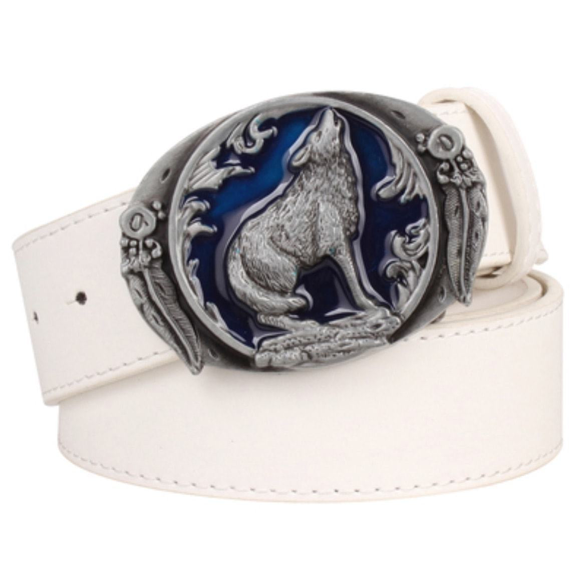 Close-up of a white belt with a silver wolf belt buckle. 
