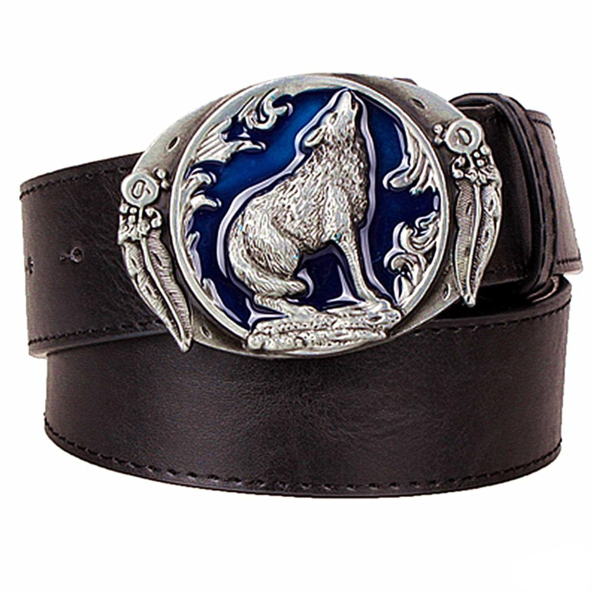 A black leather belt with a silver wolf buckle against a blue background.