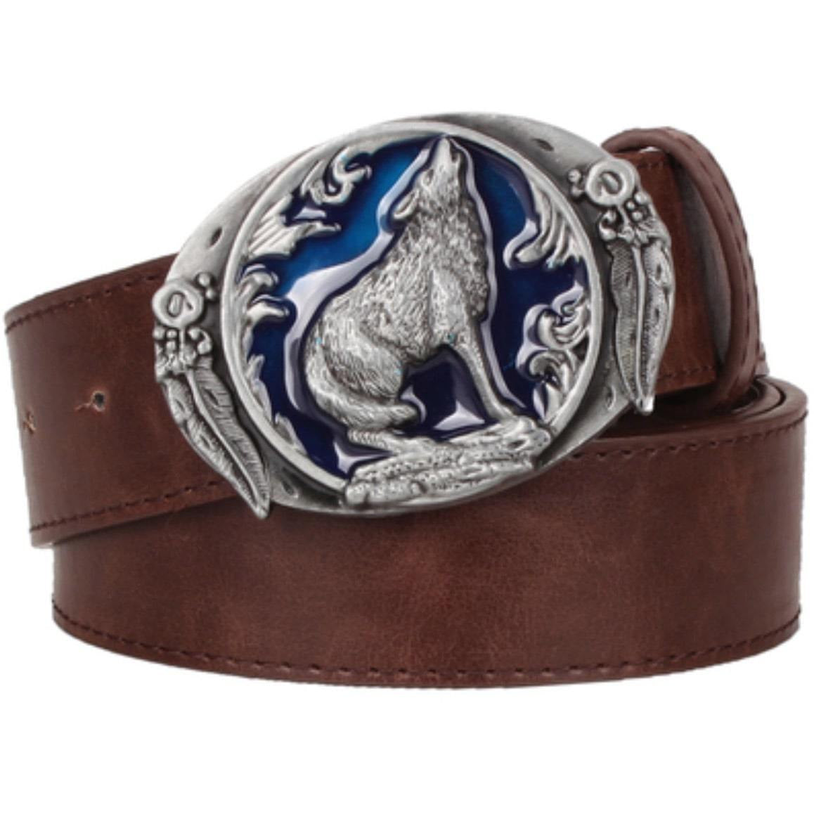 Brown leather belt with a silver buckle featuring a howling wolf against a blue background.
