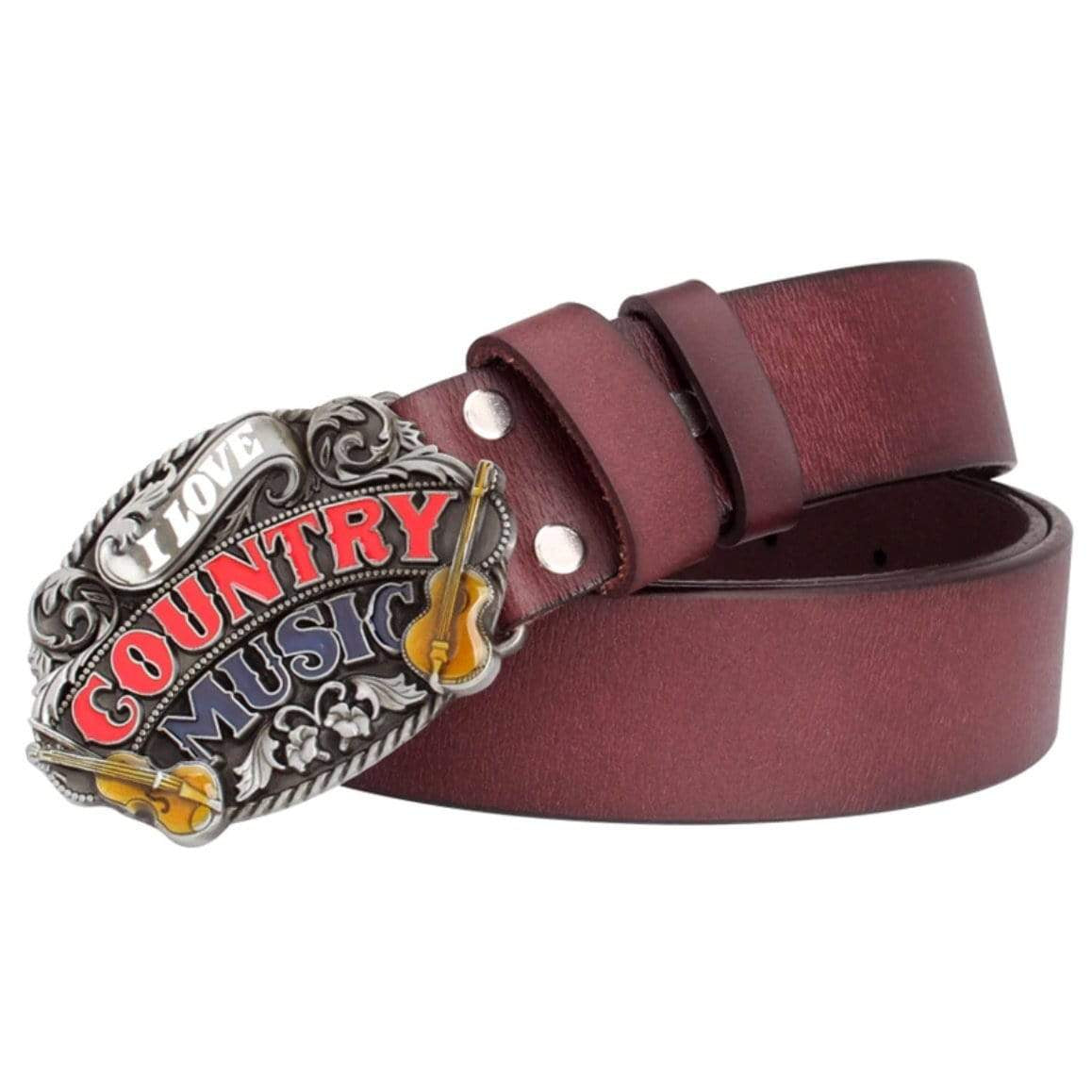 Brown leather belt with "I Love Country Music" buckle.