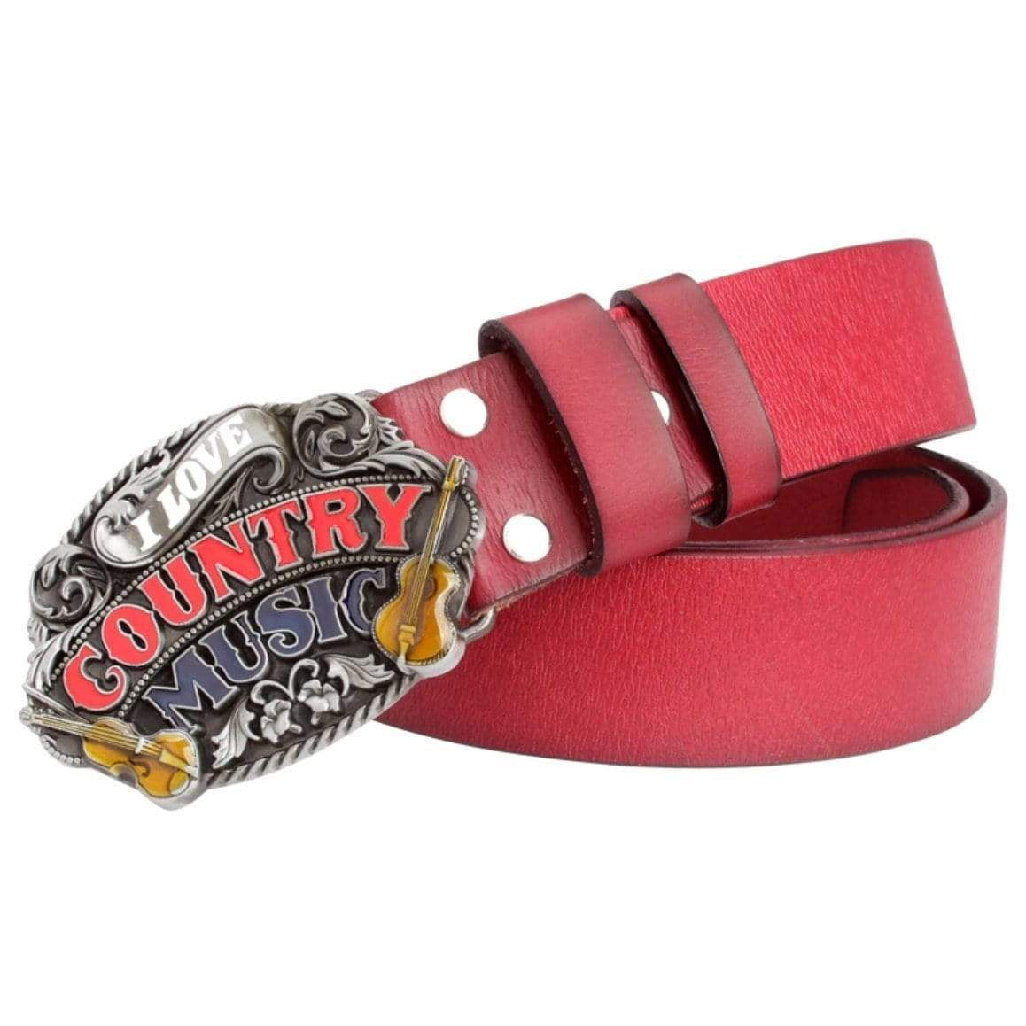 Red leather belt with a silver "I Love Country Music" belt buckle featuring guitars.
