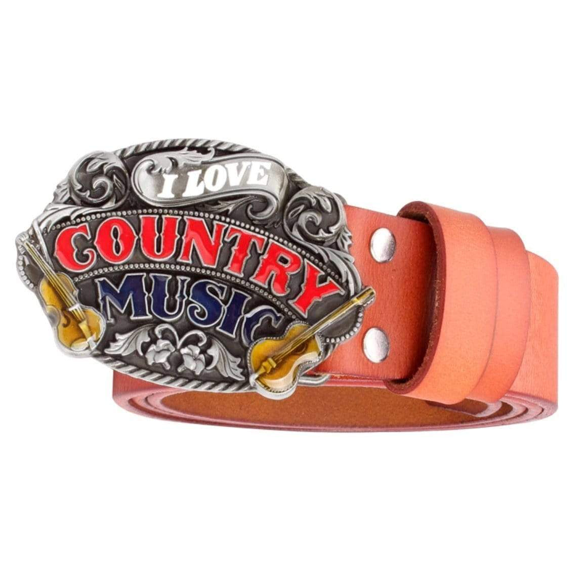 Orange leather belt with a metal buckle that reads "I love Country Music" and has two violins.