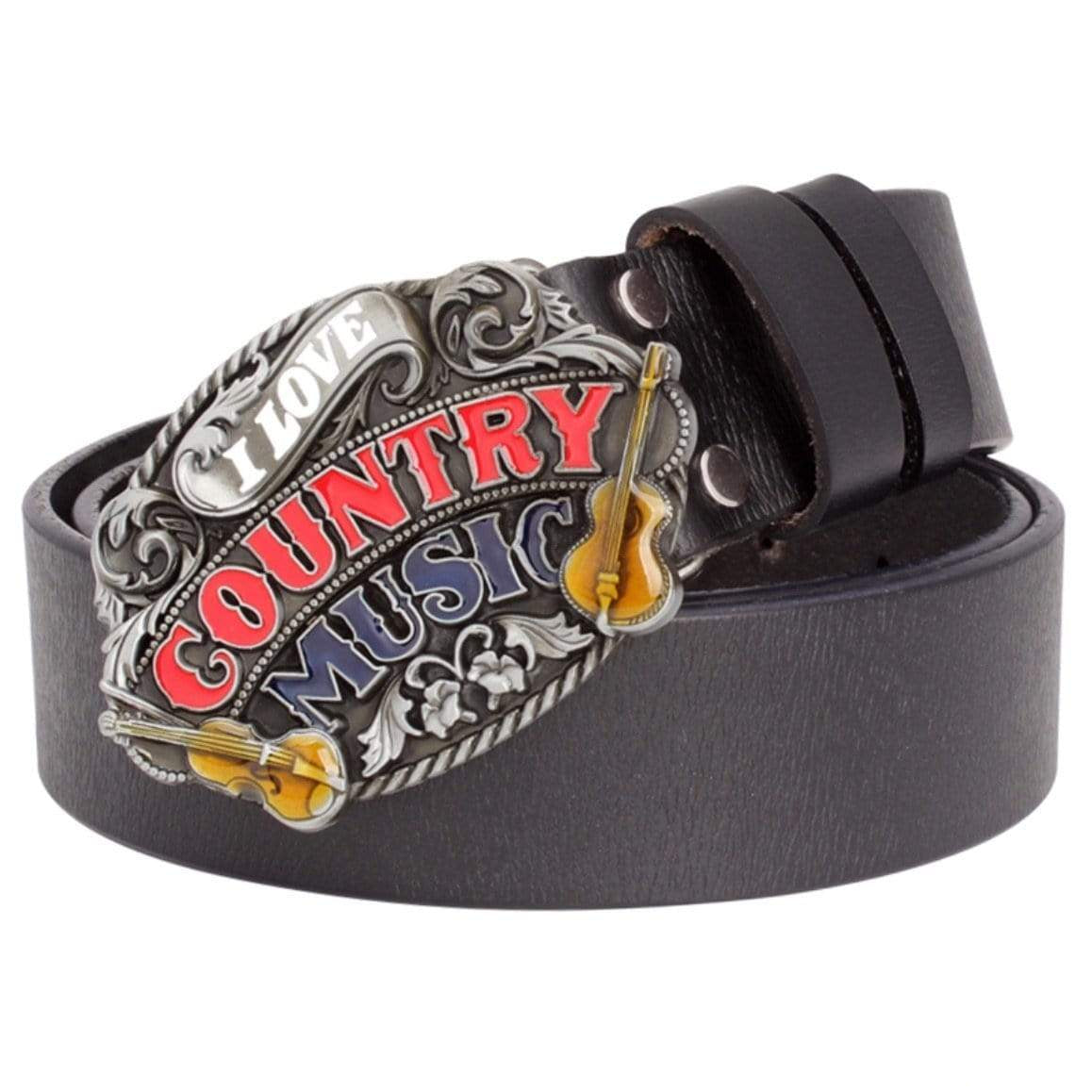 Black leather belt with a silver buckle that reads "I love Country Music" with instruments on it.