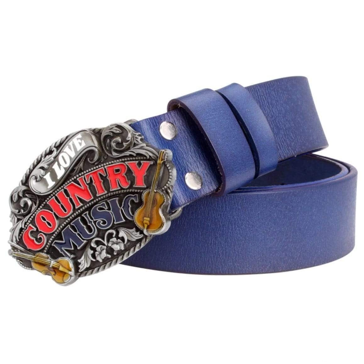 Blue belt with "I Love Country Music" buckle.