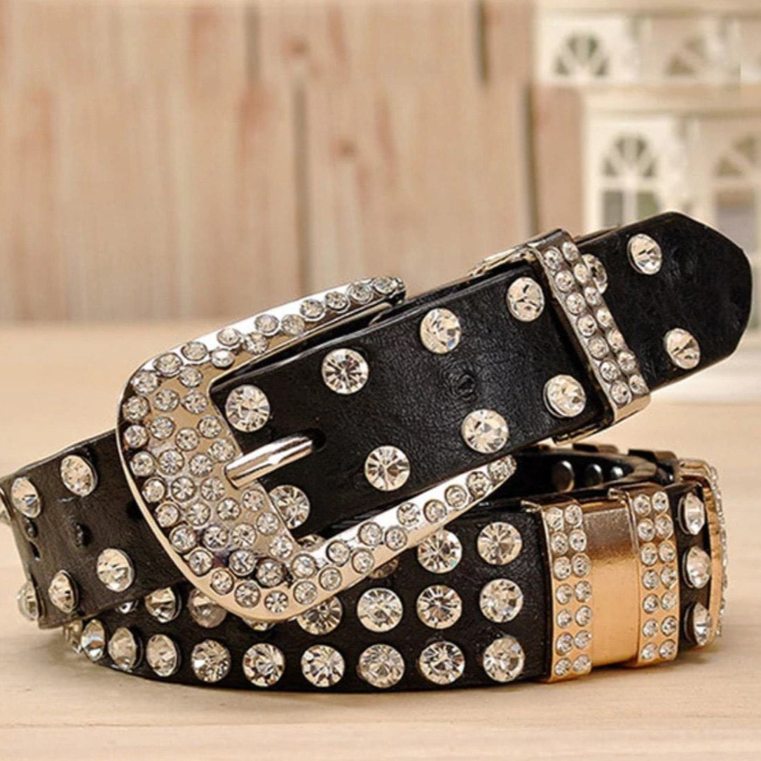 Black leather belt with rhinestones.
