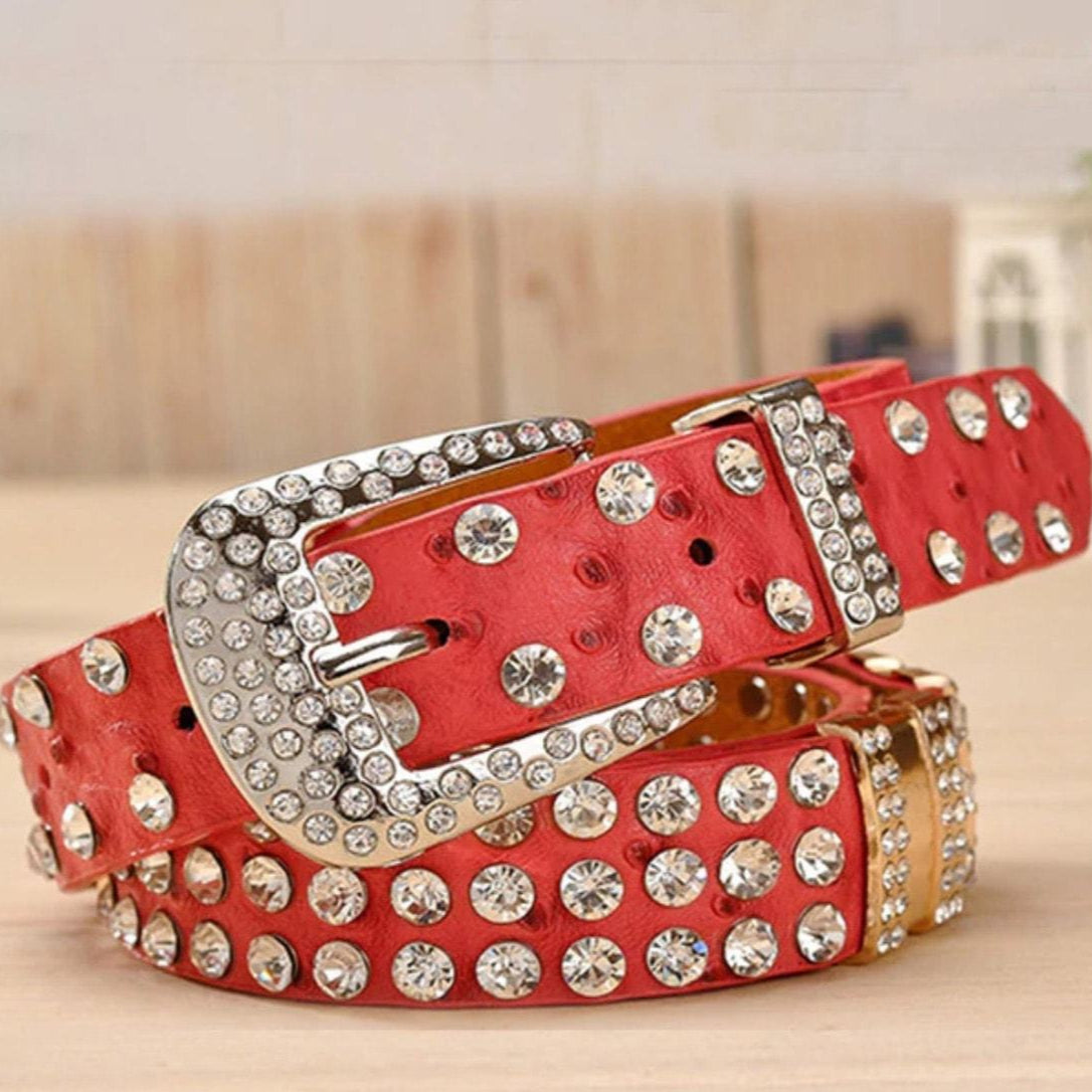 Red leather belt with crystal accents.