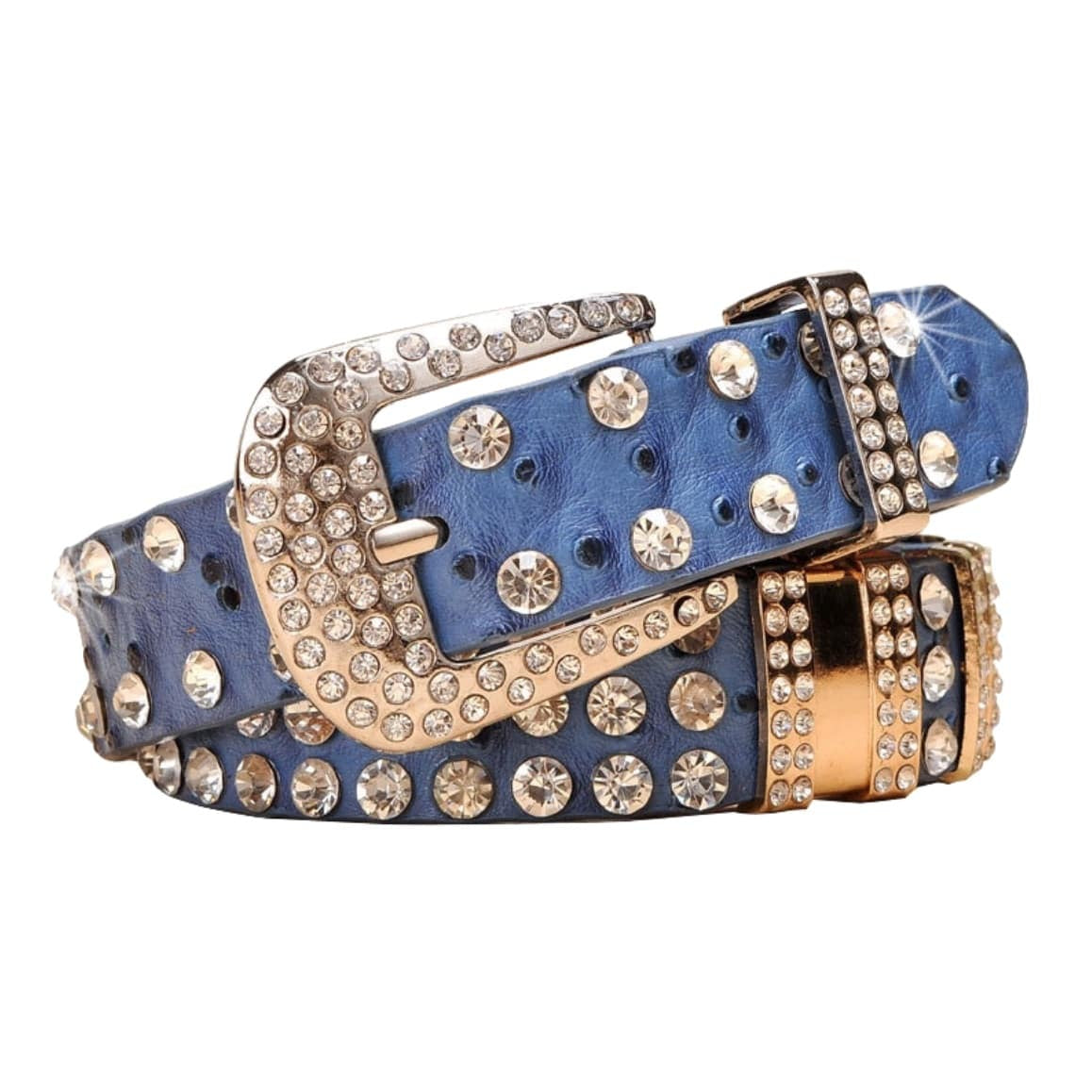 Blue rhinestone belt with gold buckle.
