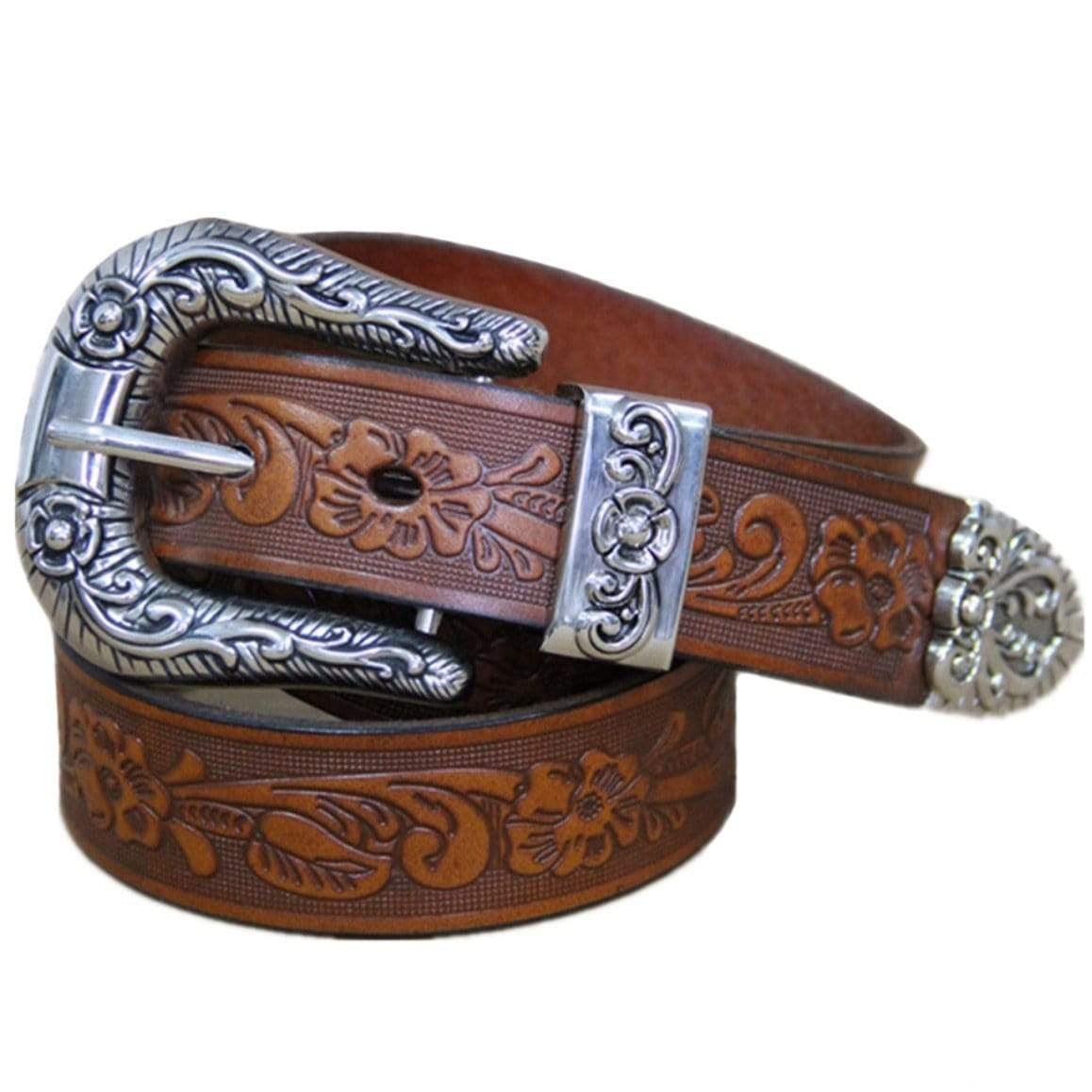 Brown leather belt with floral embossing and silver buckle.

