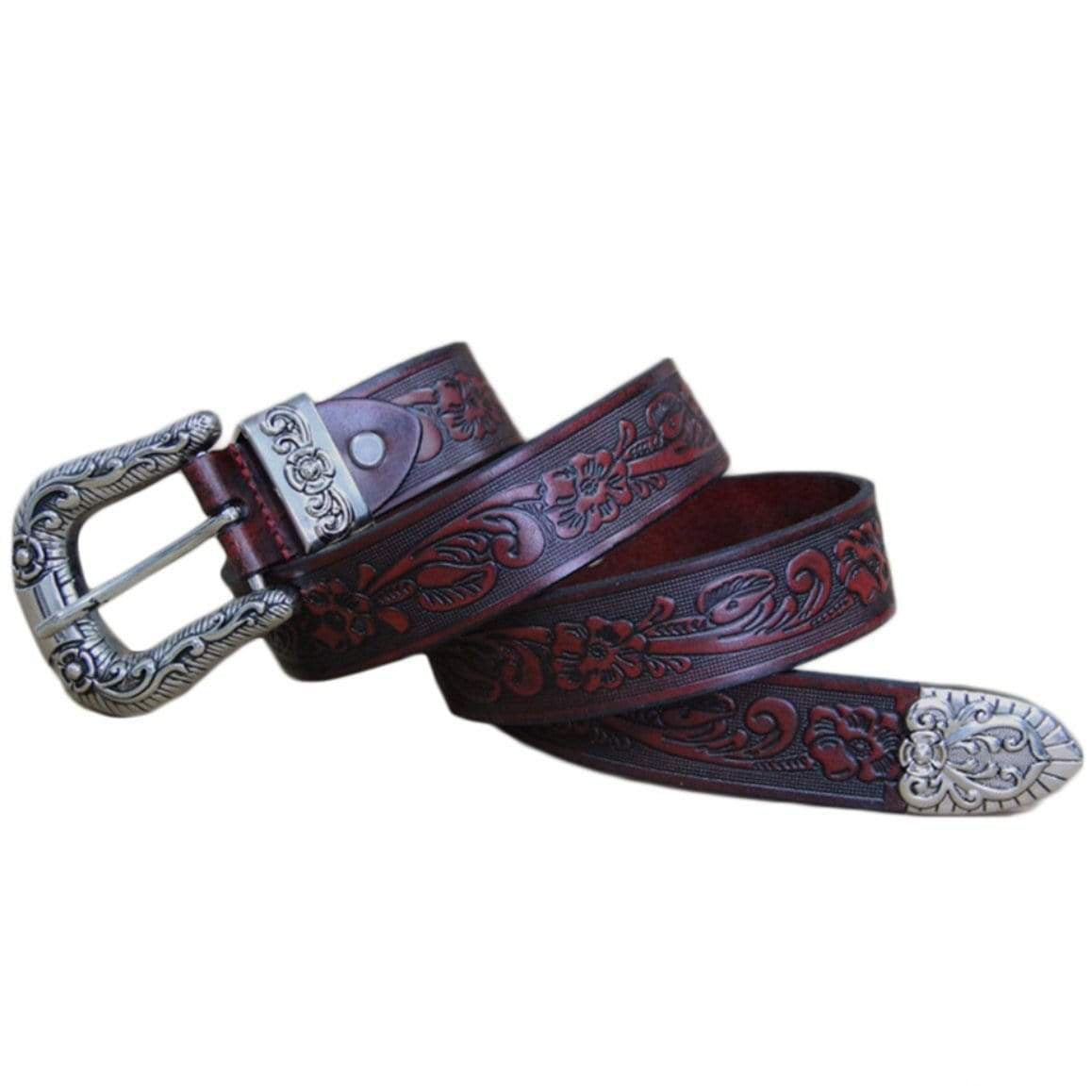 Dark red leather belt with silver buckle and tip. Floral pattern.
