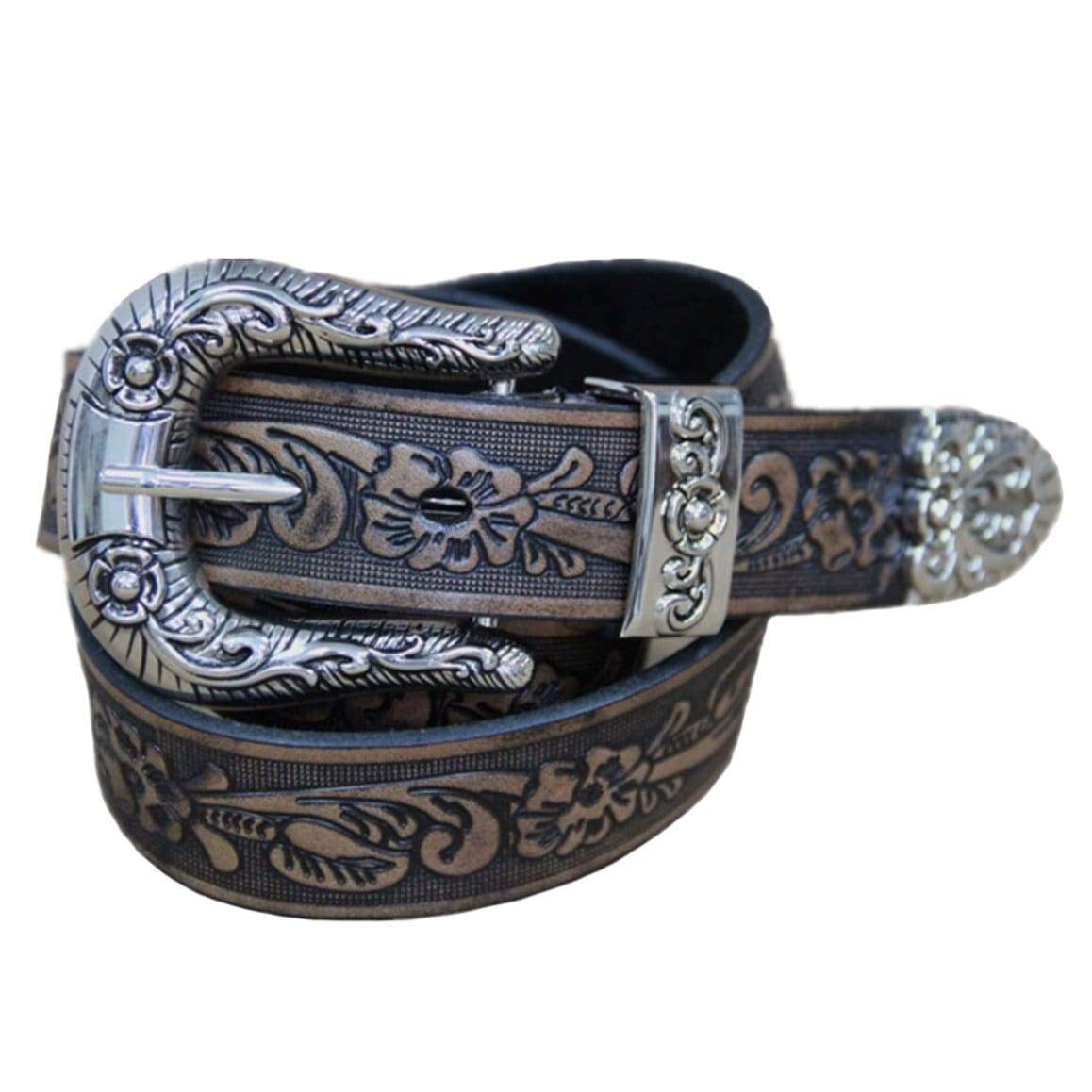 Embossed brown leather belt with decorative silver buckle and embellishments.