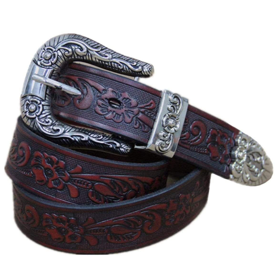 Embossed leather belt with silver buckle.