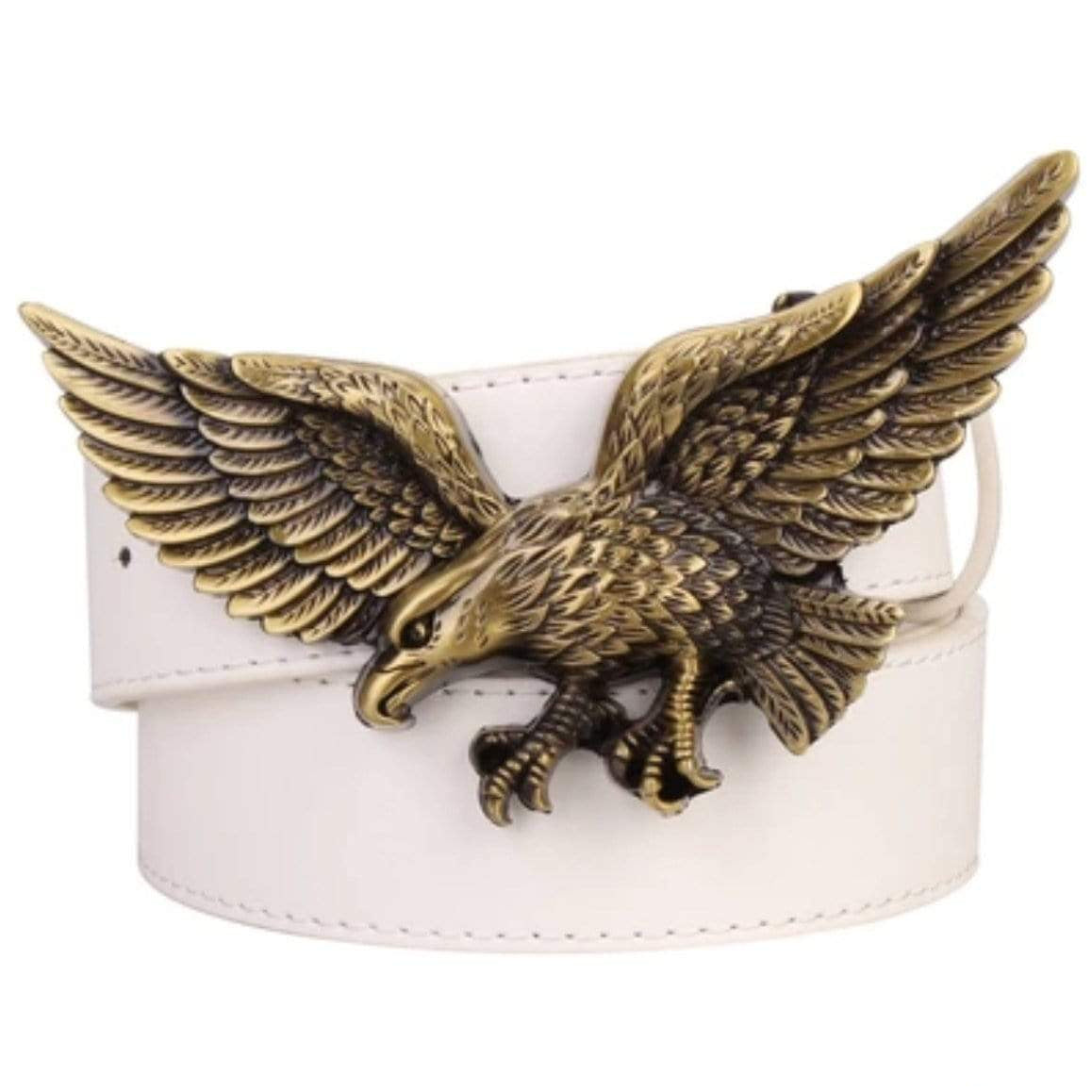 White belt with an antique gold eagle buckle.