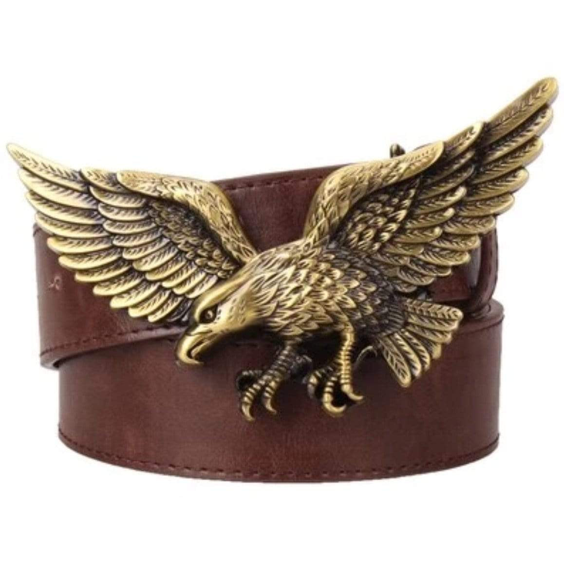 Brown leather belt with golden eagle buckle.