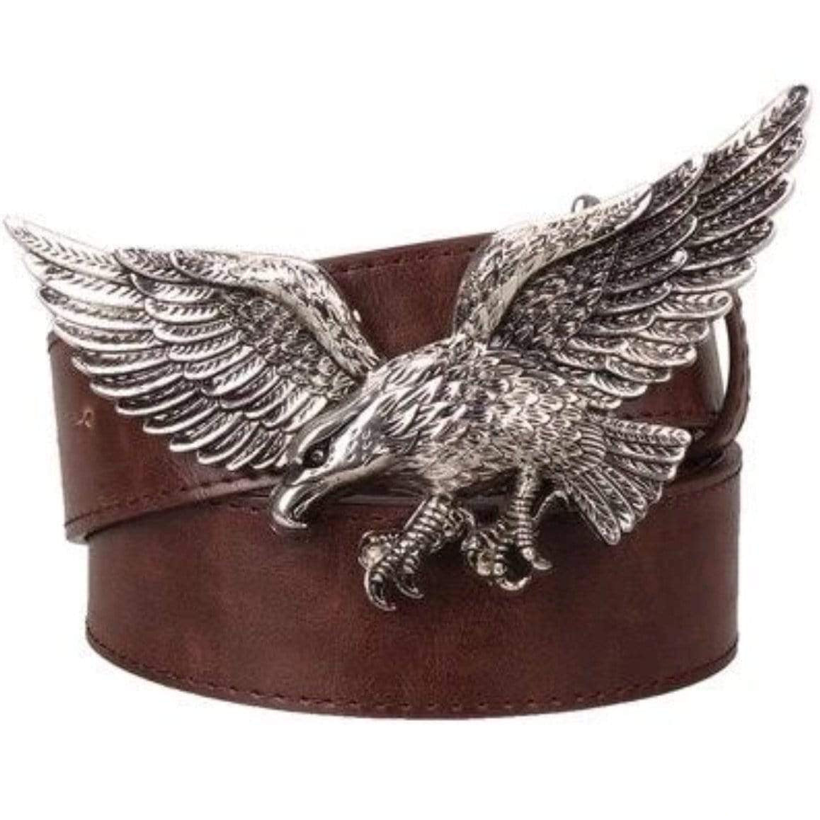 Brown leather belt with a silver eagle buckle.
