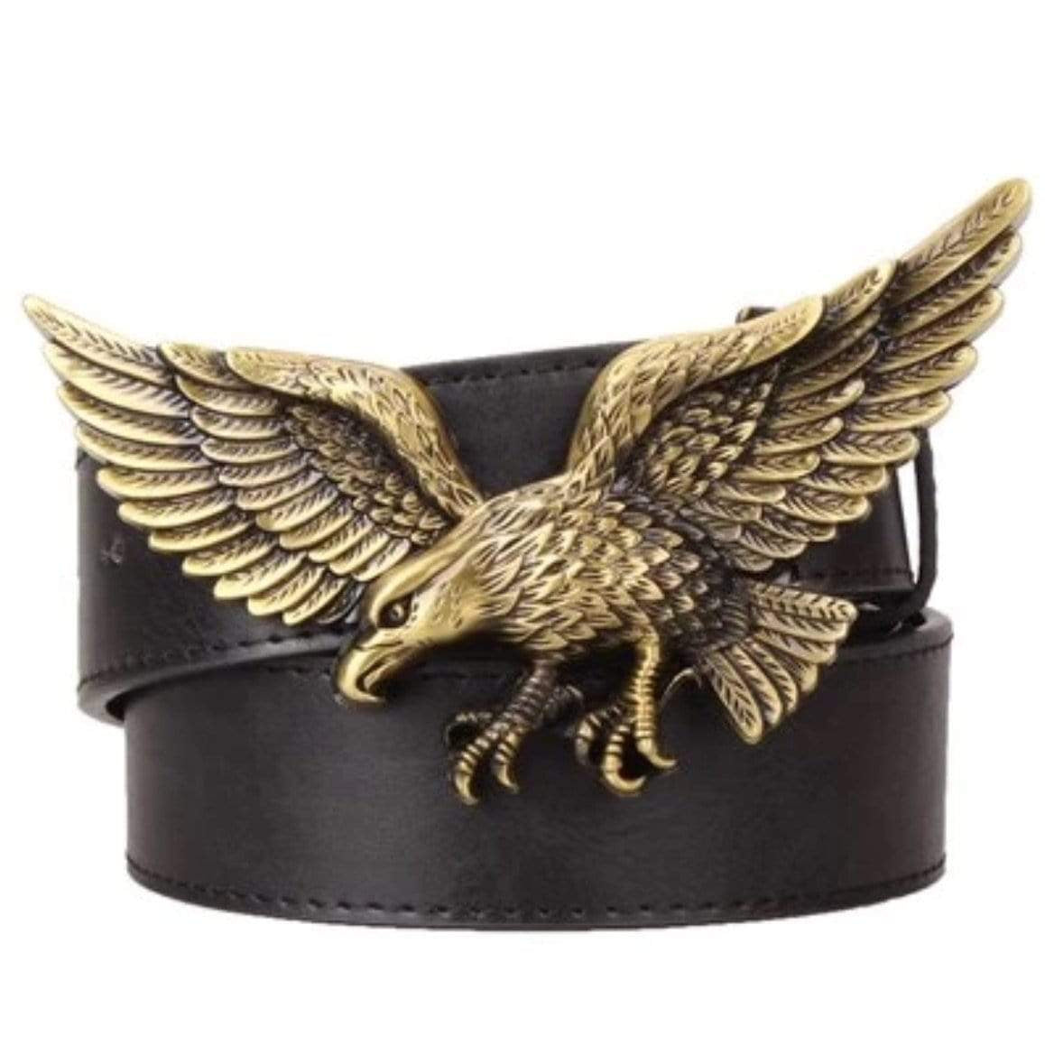 Black leather belt with large eagle buckle.