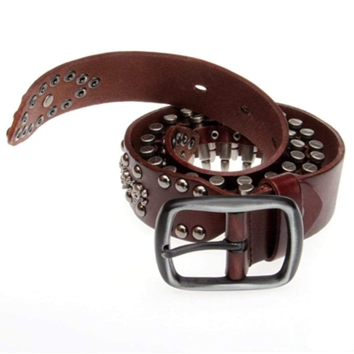 Brown leather belt with silver studs and buckle.