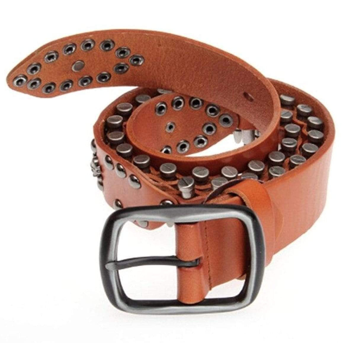 Brown leather studded belt with a silver buckle.