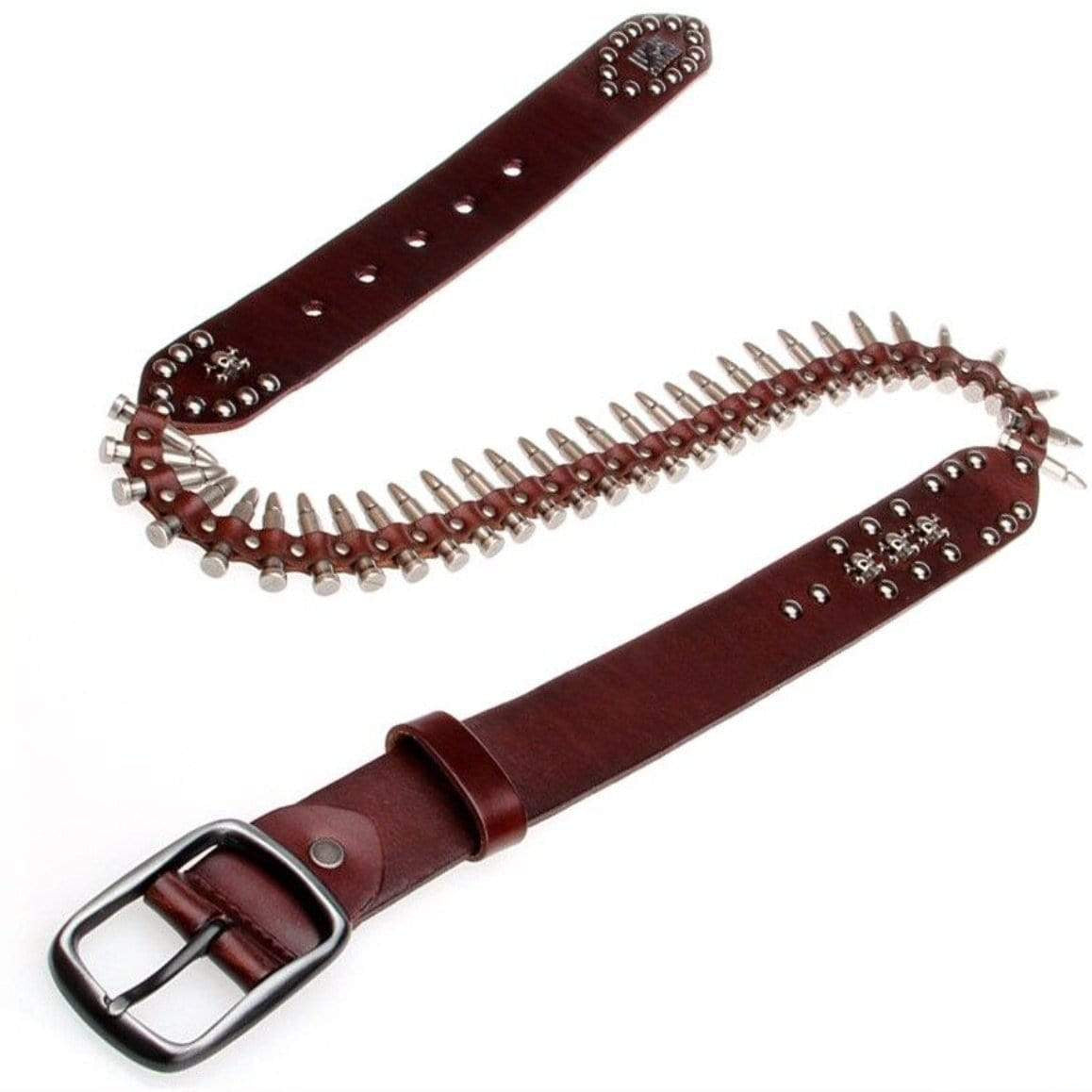 Brown leather belt with silver bullet and skull embellishments.
