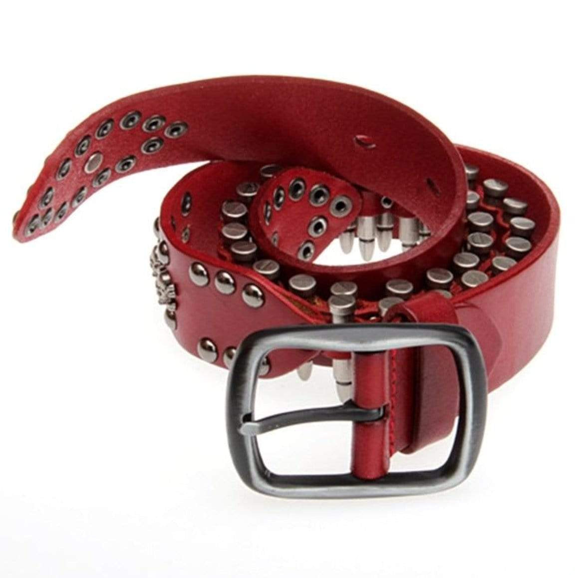 Red studded belt with a gray buckle.