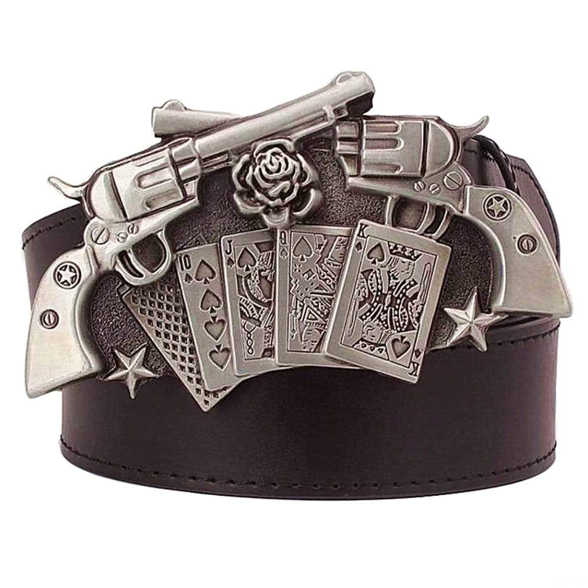 Black leather belt with silver-colored cowboy buckle featuring revolvers, playing cards, and a rose.