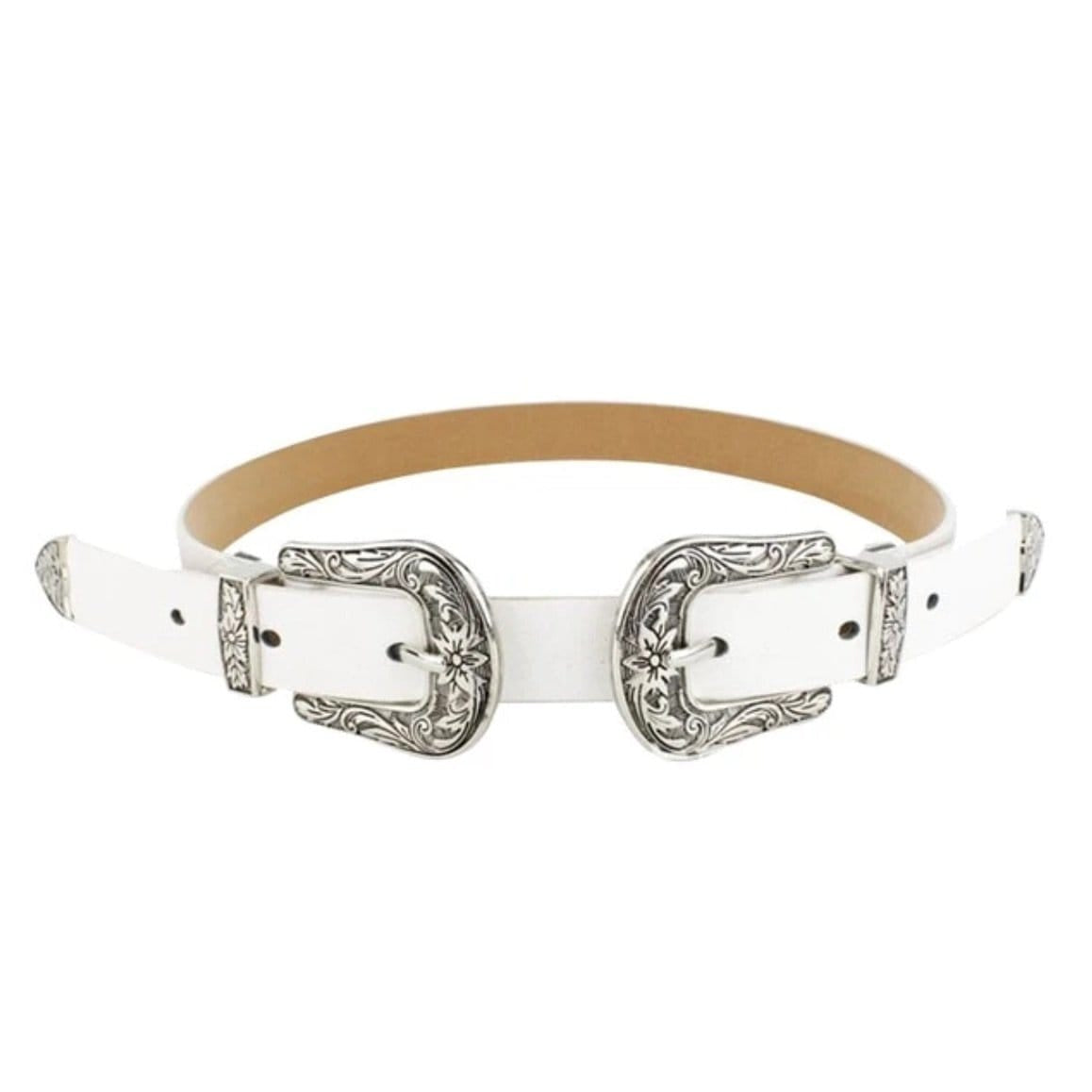 White belt with two silver buckles.