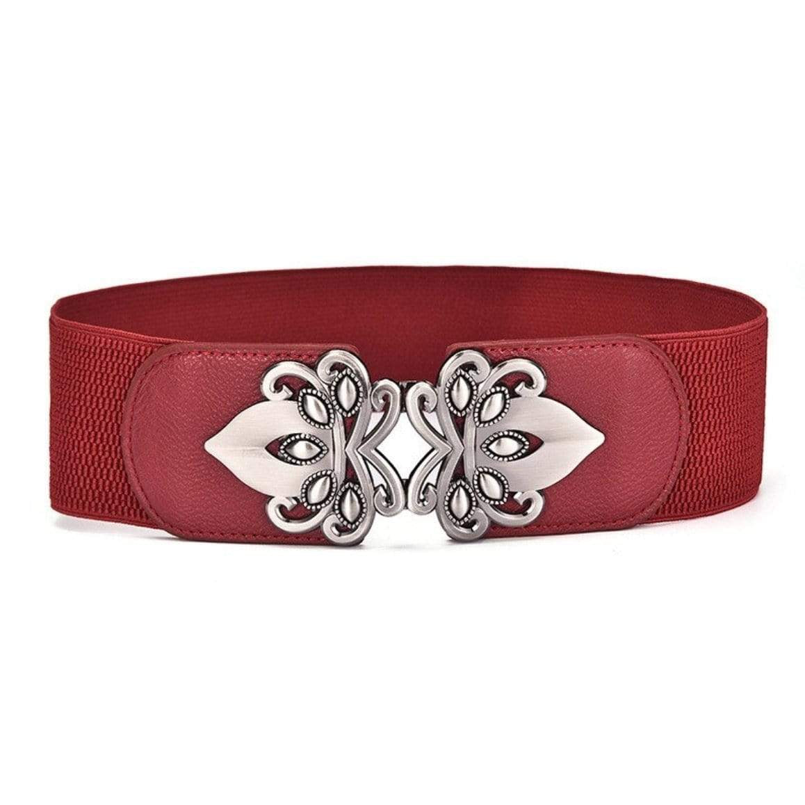 Red elastic belt with silver clasp.