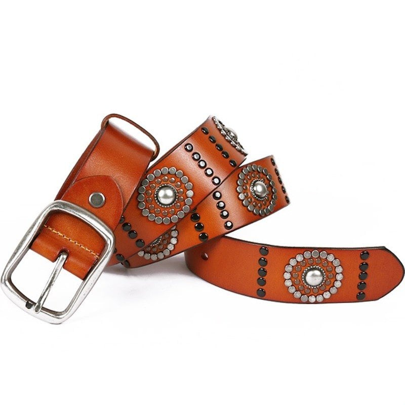 Brown leather belt with silver buckle and decorative silver and black rivets.
