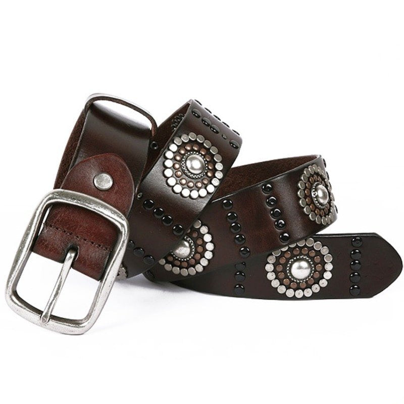 Brown leather belt with silver buckle and decorative studs.