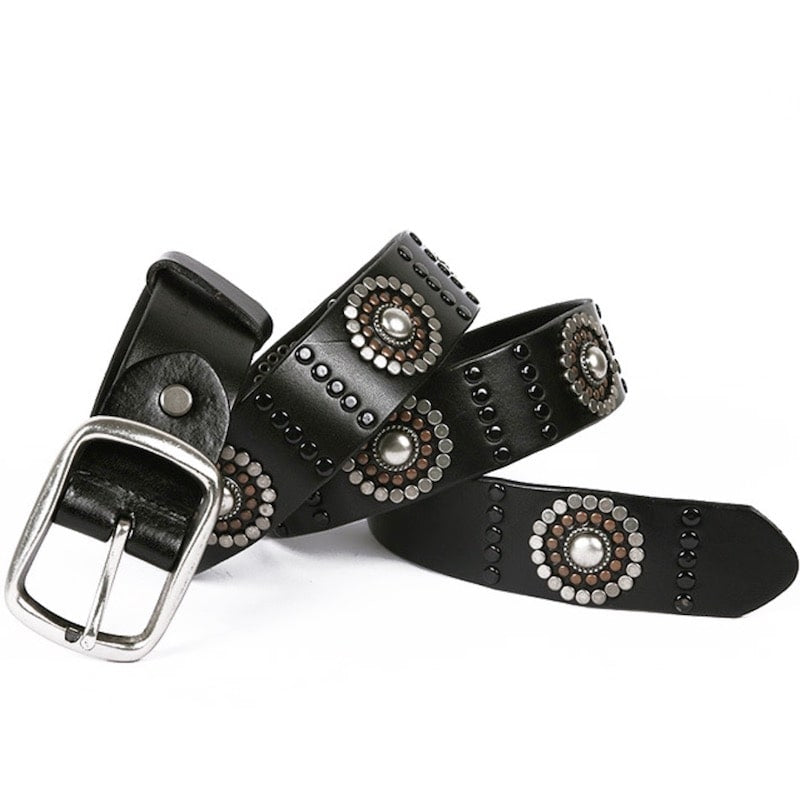 Black leather belt with silver buckle and decorative silver and bronze studs.
