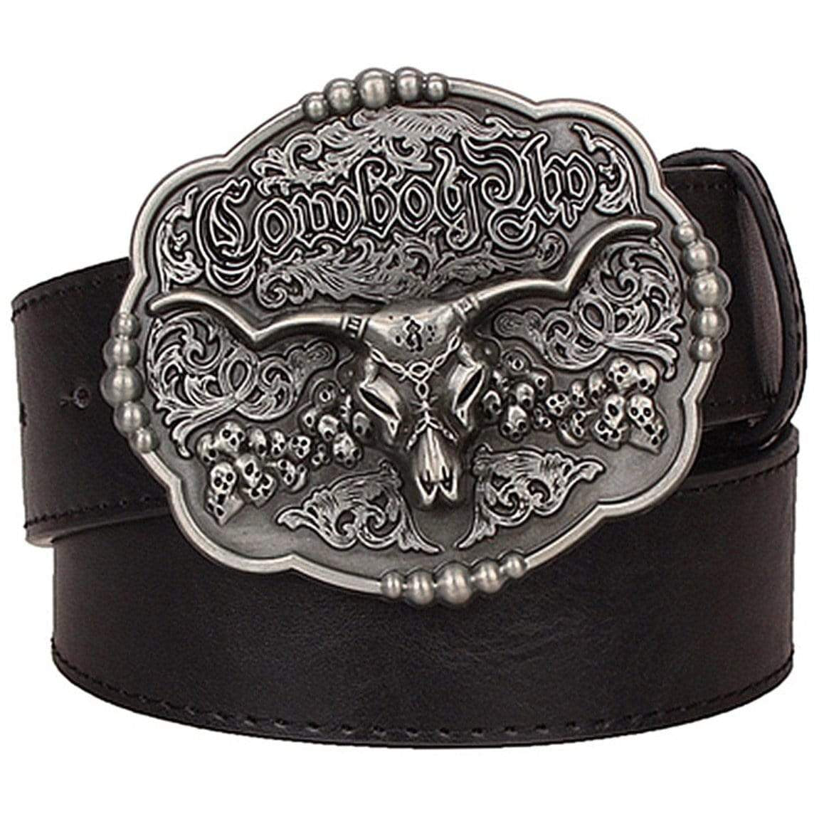 Black leather belt with ornate silver belt buckle featuring a bull skull and the words "Cowboy Shop".