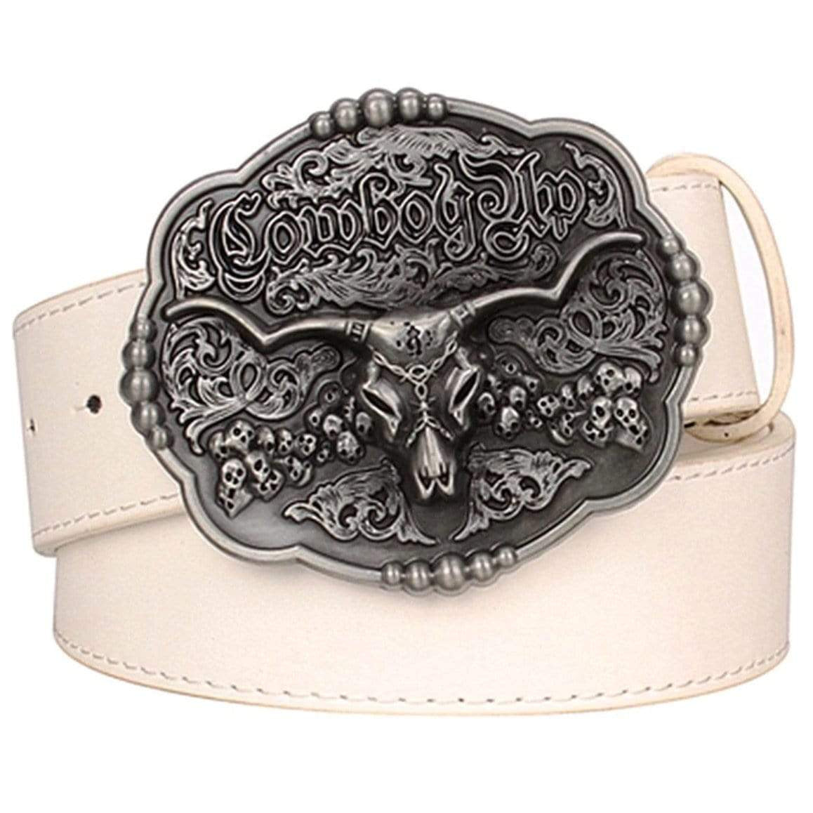 White belt with a silver bull skull and "Cowboy Shop" buckle. 
