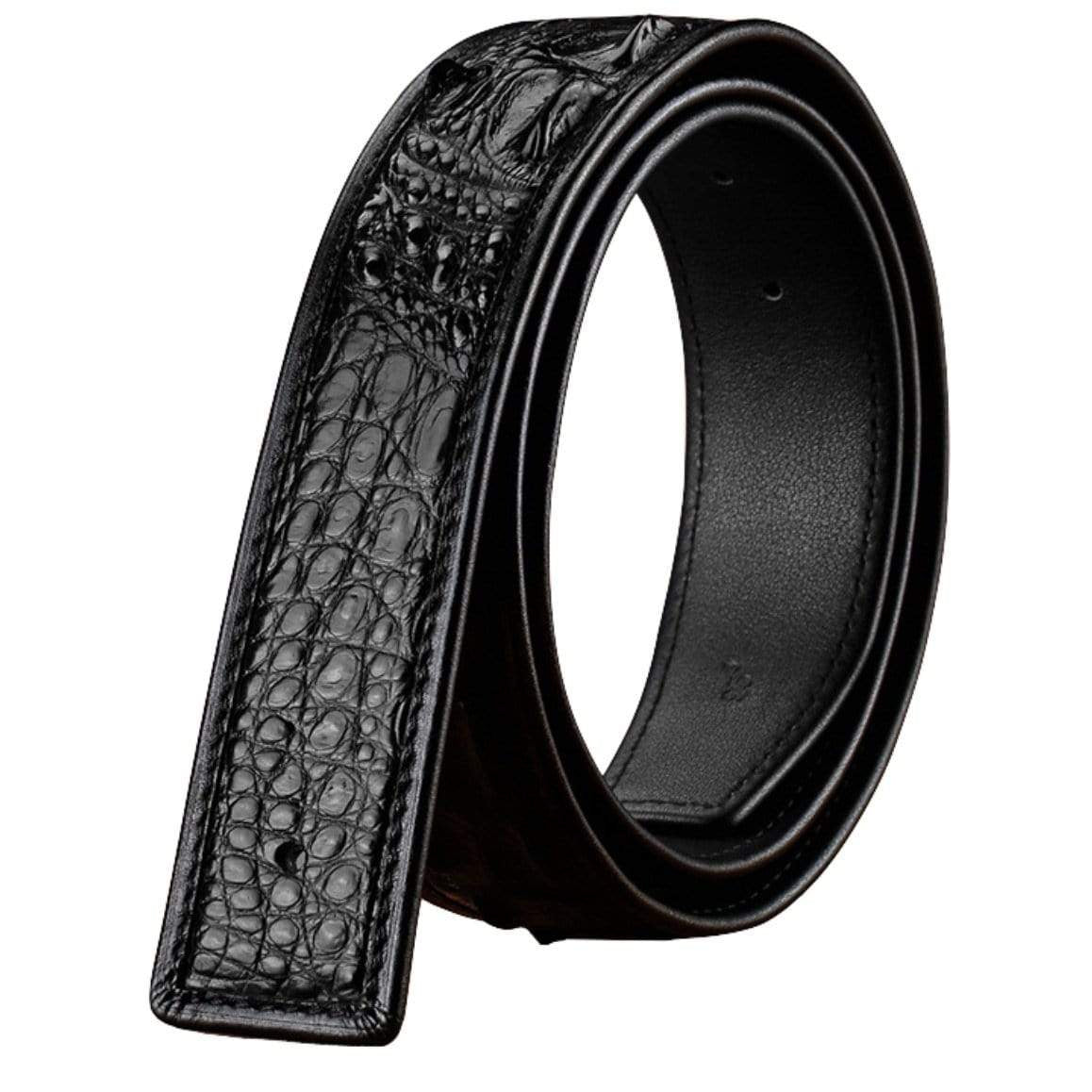 Black leather belt with reptile skin texture.