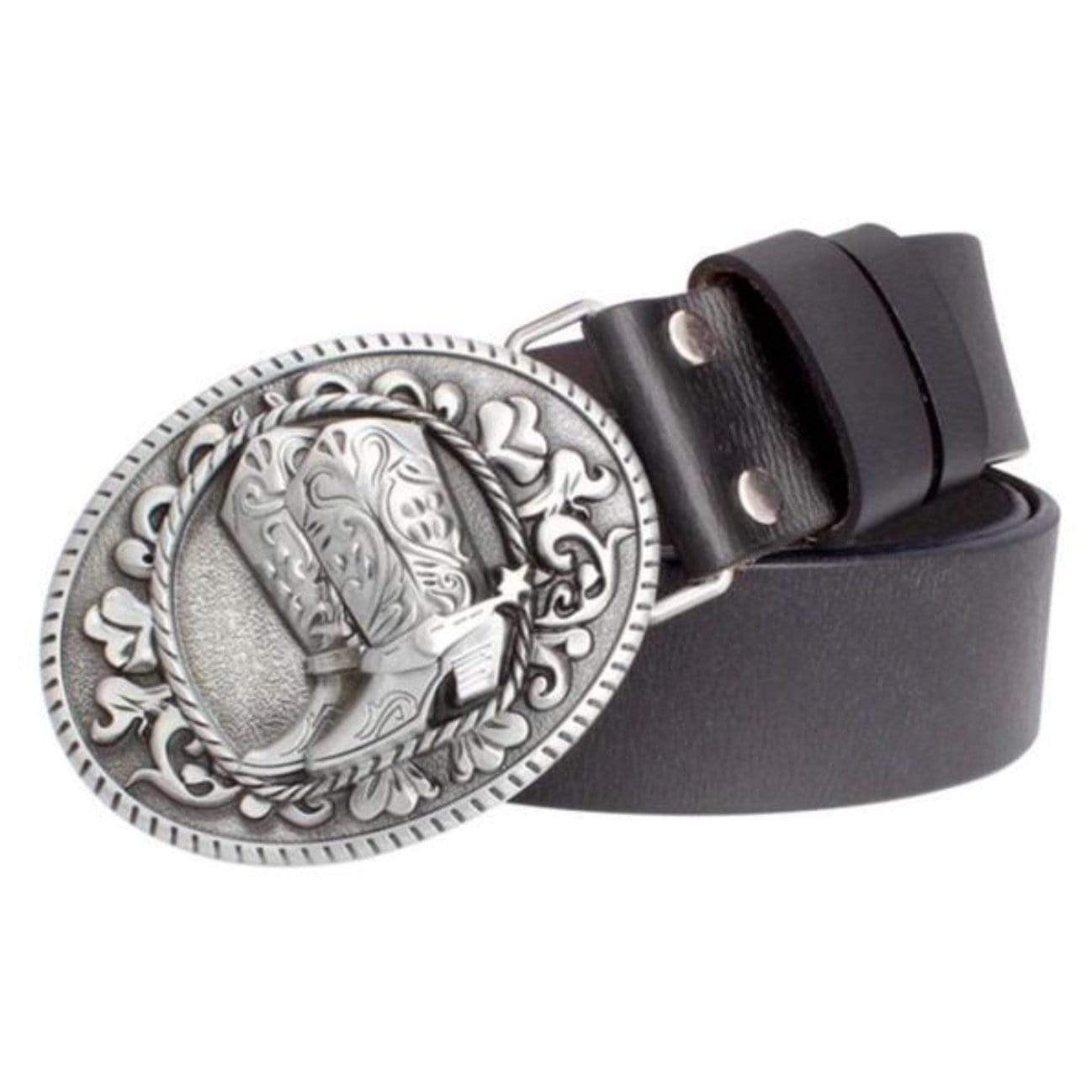 Black leather belt with silver cowboy boot buckle.