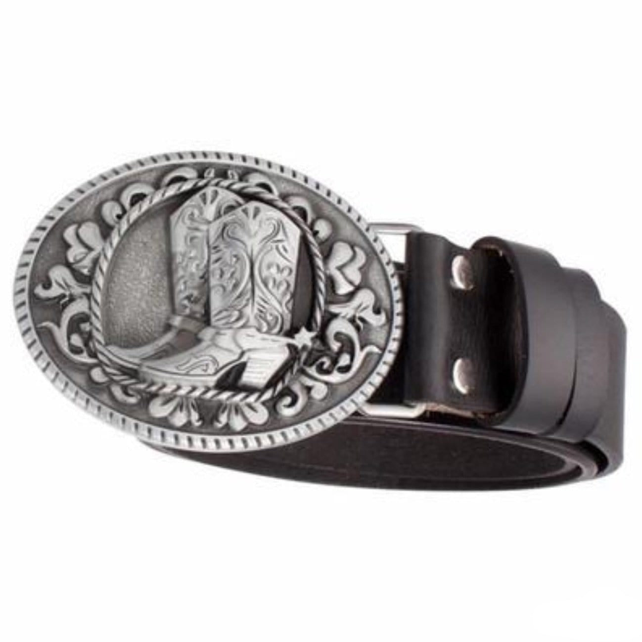 Leather belt with silver cowboy boot buckle.