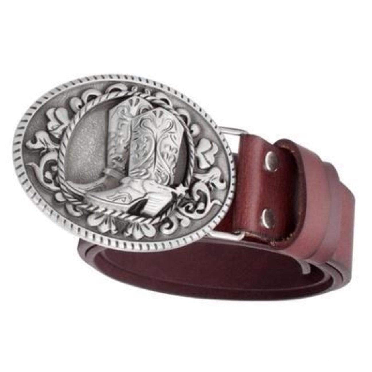 Brown leather belt with silver cowboy boot buckle.
