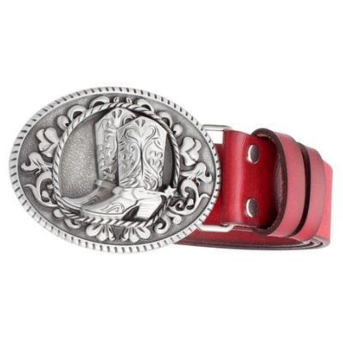Red leather belt with silver cowboy boot buckle.
