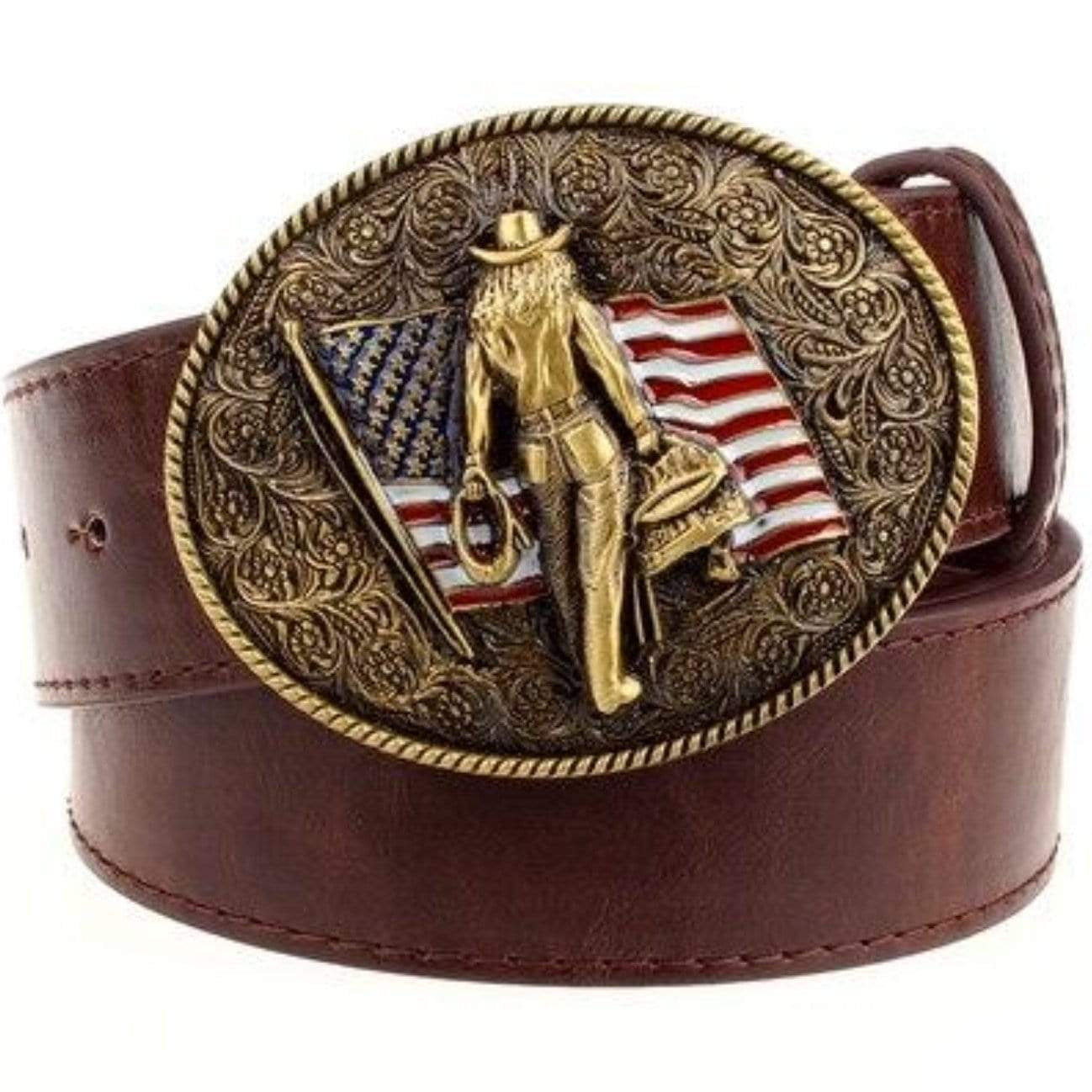 A brown leather belt with an ornate gold-tone buckle featuring a cowgirl, American flag, and floral details.