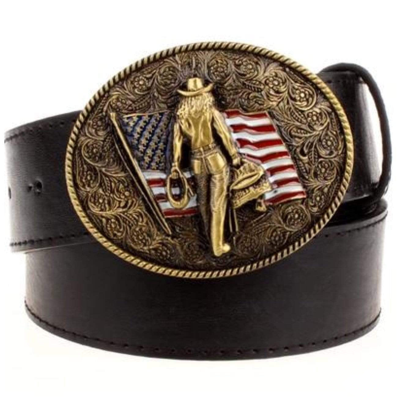Black leather belt with gold-tone oval buckle depicting a cowgirl and American flag.