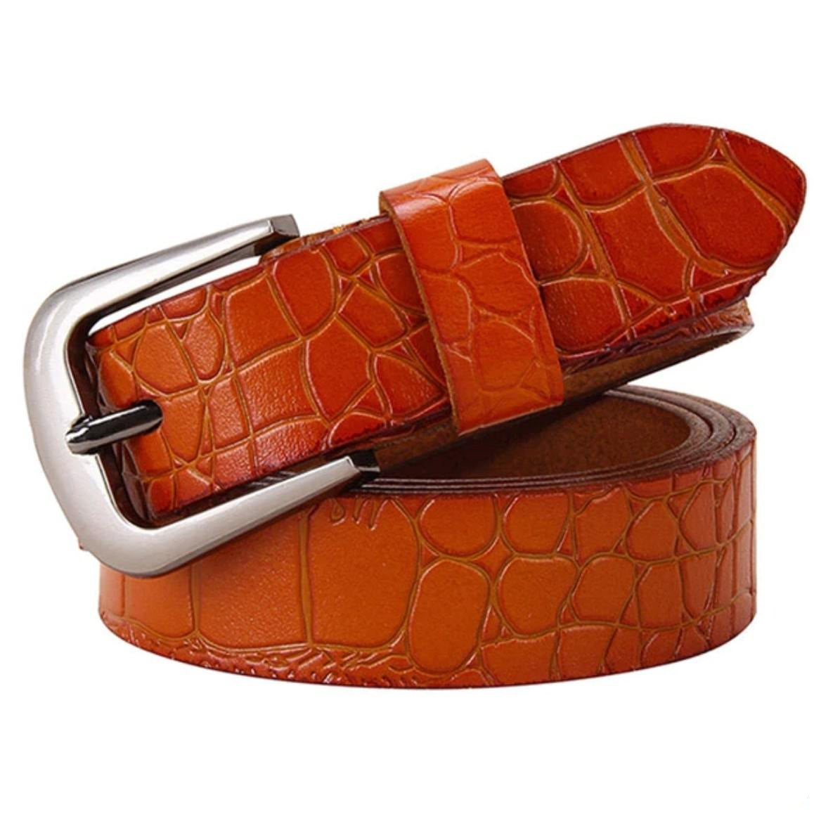 Brown crocodile-patterned belt with silver buckle.
