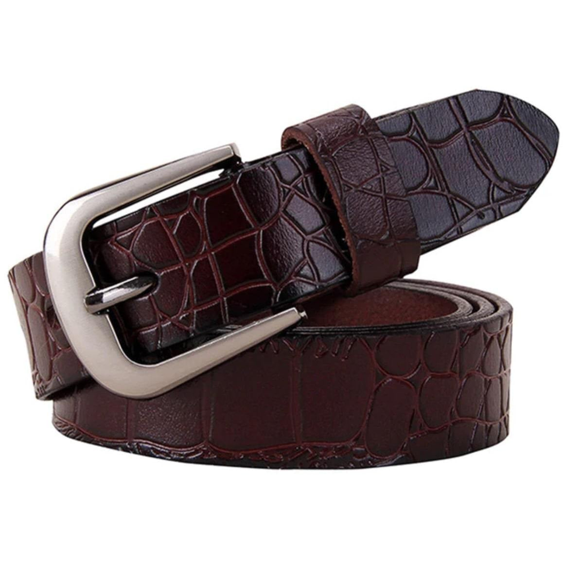 Brown leather belt with silver buckle and alligator skin pattern.