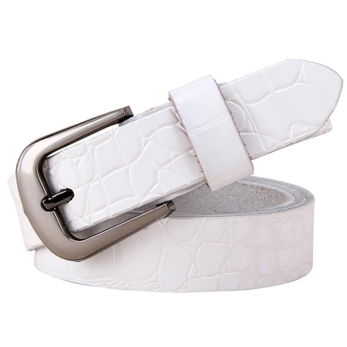 White leather belt with crocodile pattern and silver buckle.