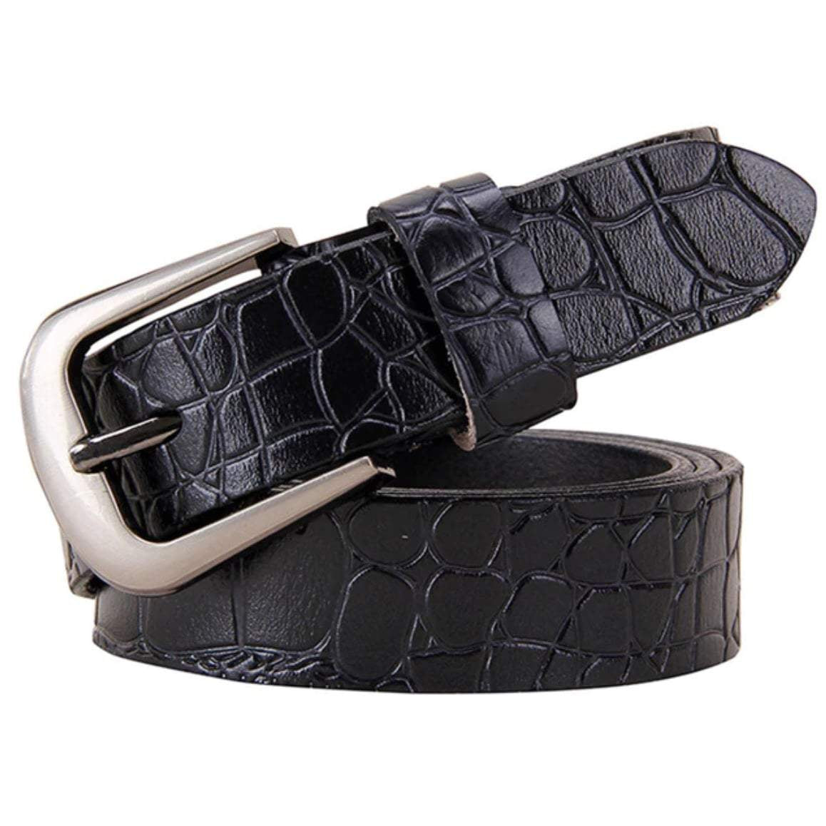 Black leather belt with silver buckle.