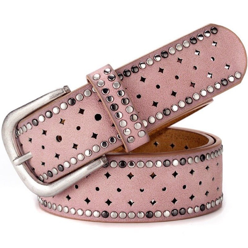 Pale pink studded leather belt with silver buckle.
