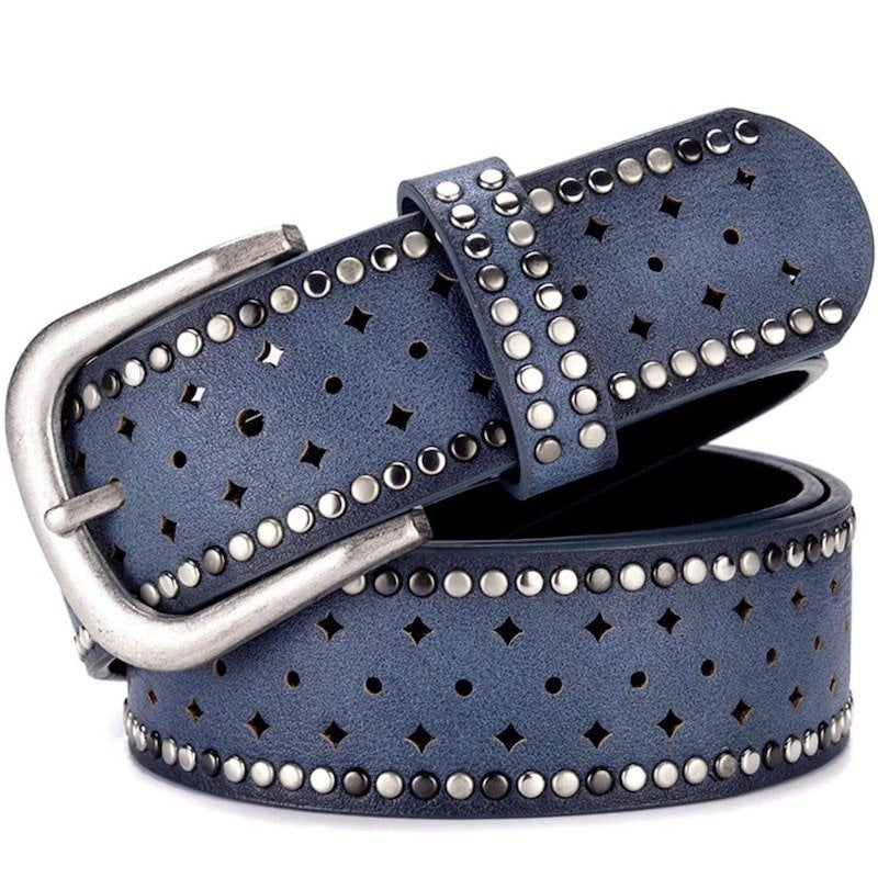 Blue leather studded belt with silver buckle.
