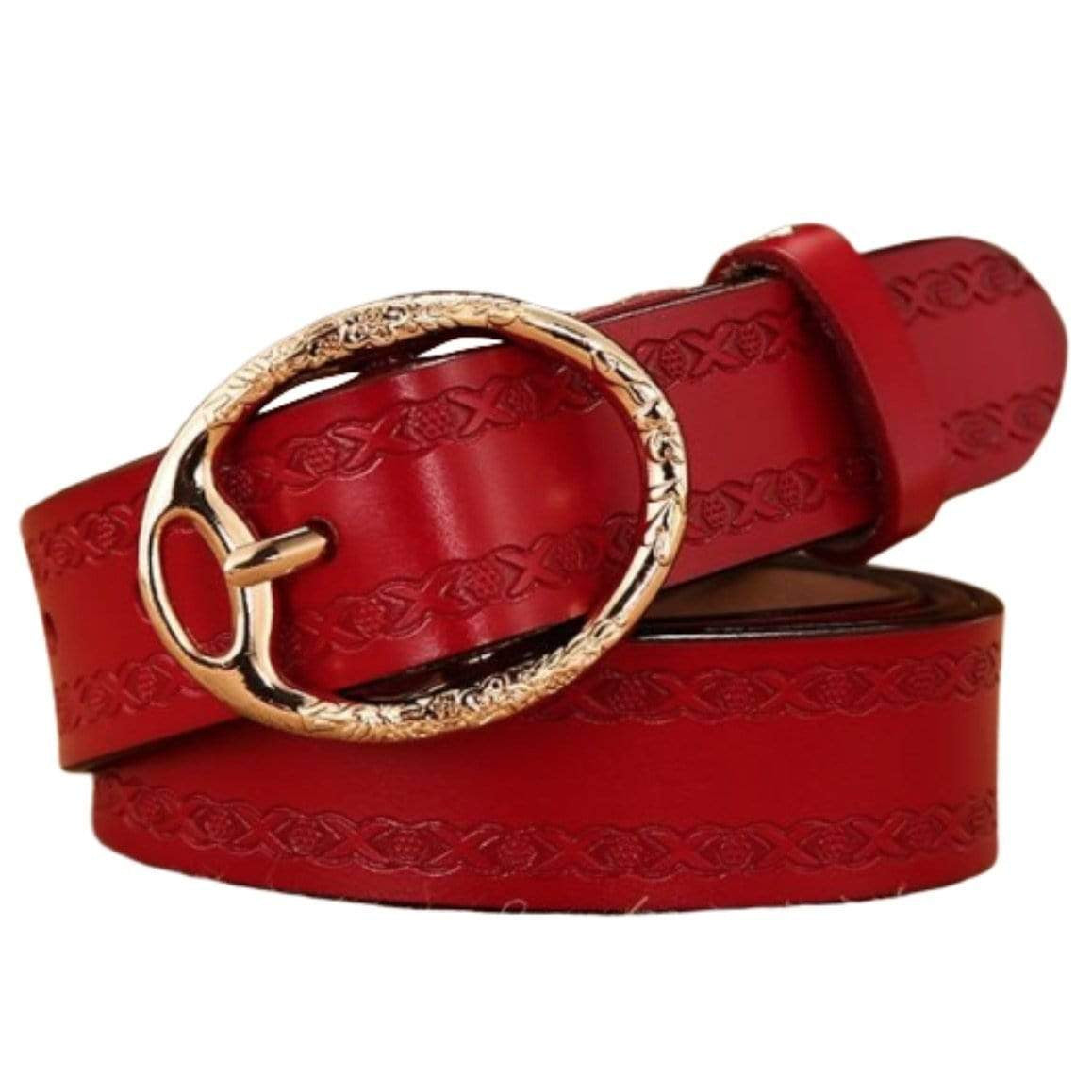 Red leather belt with oval gold buckle.
